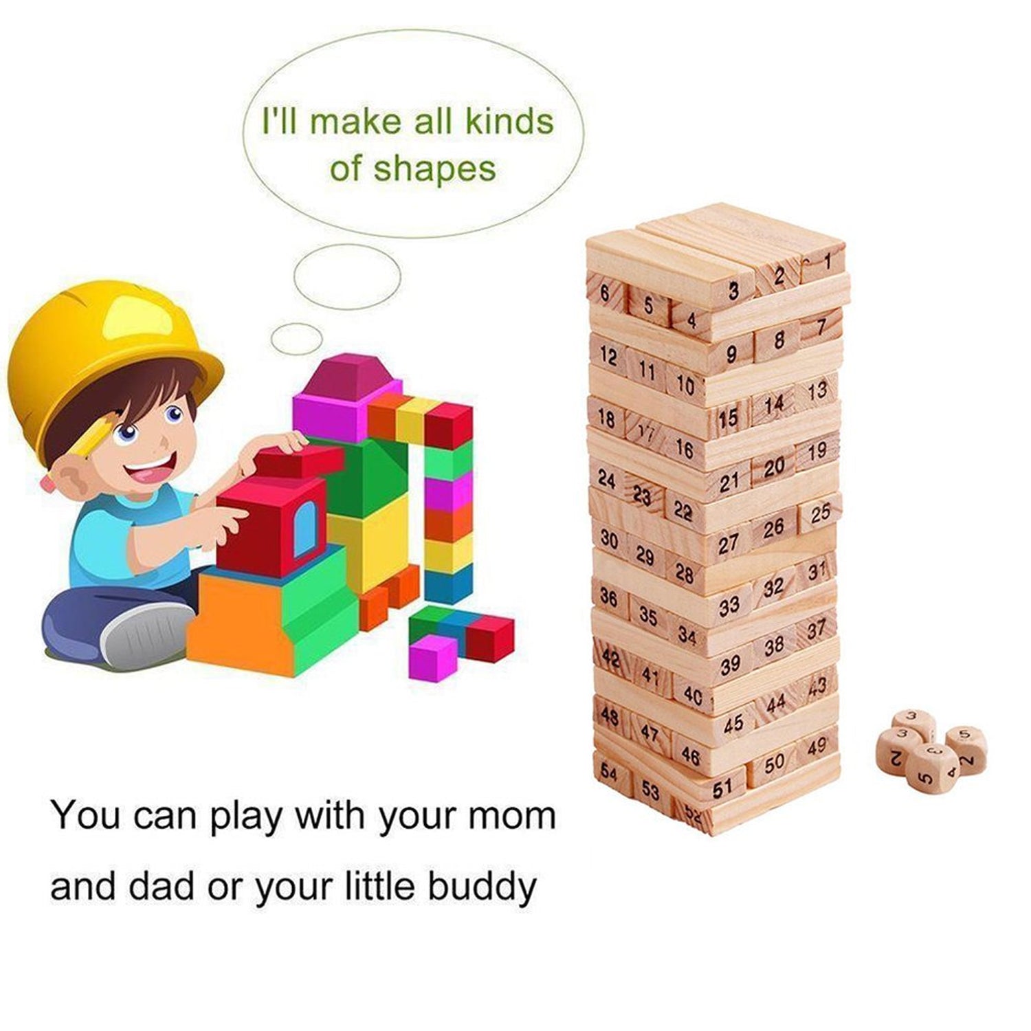 54 Pcs Blocks 4 Dices Wooden Tumbling Stacking Building 54 Pcs Blocks 4 Dices Wooden Tumbling Stacking Building